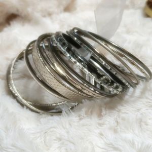 Women's Natasha Set of Bangles, Black, Silver, Satin. 2.75" Diameter Opening.